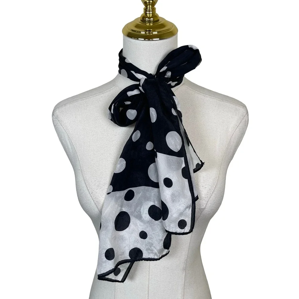Vintage Silk Polka Dot Scarf Black White Sheer Lightweight Retro Mod Rockabilly